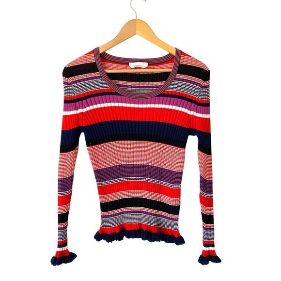 Hugo Boss Ruffled Hem Sleeve Stripe Knit Stretchy Sweater size medium Red Blue - Picture 2 of 9
